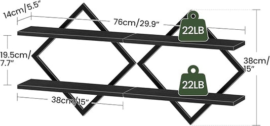 CHOEZON Floating Shelves, Set of 2 Wall Shelves, 2-Tier Hanging Shelves, Wall Shelf Set of 2, Wall Mounted Shelves, for Living Room, Bedroom, Kitchen, Office, Study, Black TBJ01P2BB