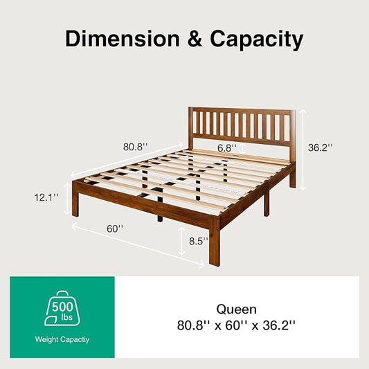 Novilla 12 Inch Queen Bed Frame with Headboard, Queen Size BedFrame with Headboard Classic Wooden Bed Frame Queen Size with Wood Slat Support, No Box Spring Needed, Easy Assembly, Walnut