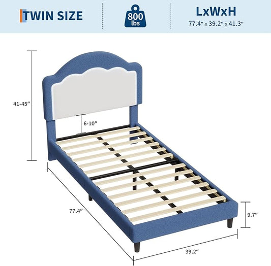 IDEALHOUSE Twin Bed Frame with LED Headboard, Boucle Fabric Upholstered Platform Bed with LED Light for Kids, Girls, Wooden Slats Support, No Box Spring Needed, Blue