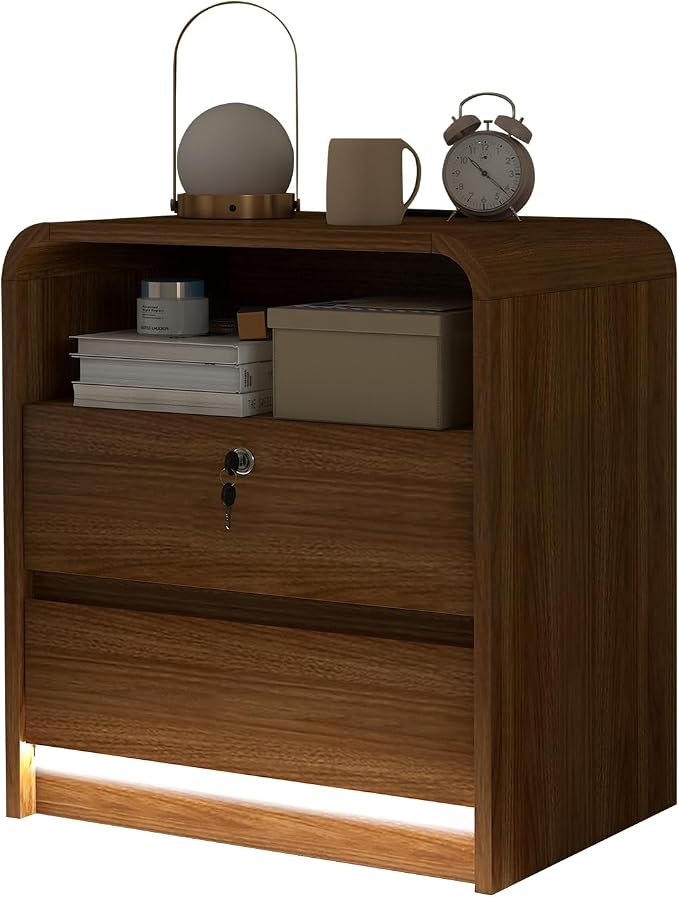 23.6" Walnut Nightstand Charging Station, Motion-Activated LED Light & Soft Close Lockable Drawer, Anti-Collision Mid Century Modern Bedside Table with 500 LB Capacity & Hidden Storage