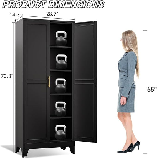 winiowa Metal Pantry Cabinet with 2 Doors and Adjustable Shelves - 71" Kitchen Storage Cabinet with Gold Handles - Versatile Storage for Kitchen, Bathroom, Dining Room, Utility Room - Black