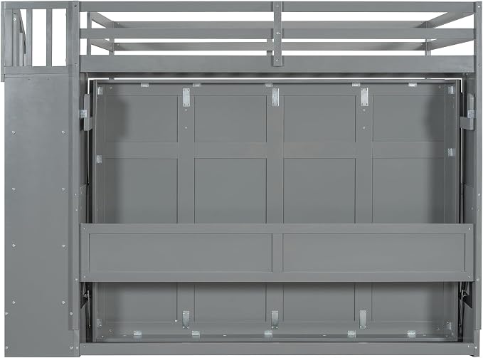 Merax Modern Farmhouse Solid Wood Loft Bed with Murphy Bed Cabinet w/Hydraulic Lift Full Over Full, Wall Bunk Bed with Storage Staircase, Shleves & Desk/Space Saving/Wood Slat Support/Gray