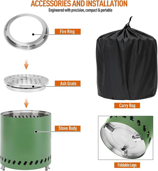 Portable Table Top Fire Pit with Stand, 8.6" Stainless Steel Mini Outdoor Low Smoke Burning Tabletop Firepit Fueled by Pellets or Wood, for Outside Camping Green