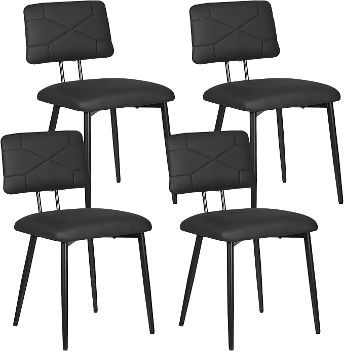 VECELO Dining Chairs Set of 4, Modern Upholstered Kitchen Chairs with Faux Leather Cushion Seat & Metal Legs for Kitchen, Living Room, Tufted Backrest Design, Black