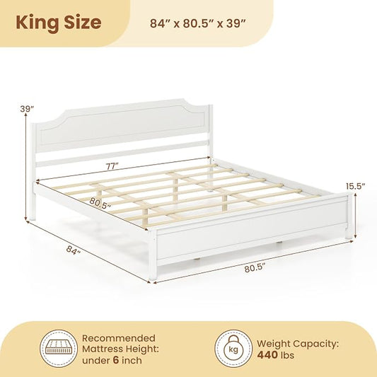 Giantex King Size Wooden Bed Frame with Headboard, Wood Slat Support | Farmhouse Platform Bed with Heavy Duty Mattress Foundation, Under-Bed Storage, No Box Spring Needed, Easy Assembly (White)