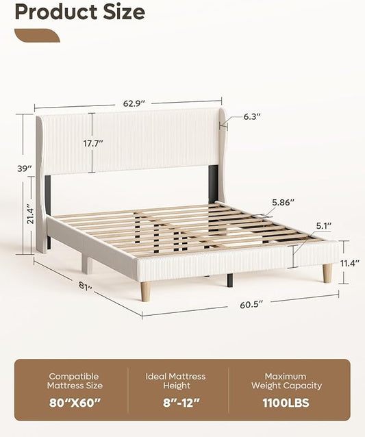 Bestier Queen Bed Frame with Wingback Headboard,Upholstered,Beige | Easy Assembly,Wingback Headboard,No Squeaks,Vertical Channel Corduroy Upholstered,Wooden Slats Support,No Box Spring Needed