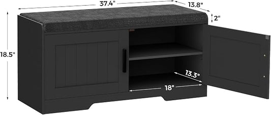 Homleke 2-Tier Storage Bench, Shoe Bench with Thickened Padded Seat Cushion, Entryway Bench with 2 Doors, Adjustable Shelf, 13.8" D x 37.4" W x 18.5" H, for Entryway, Living Room, Bedroom, Black