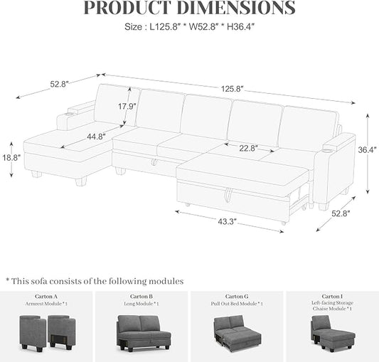 Belffin Modular Sectional Sleeper Sofa Bed with Storage Chaise L Shaped Sectional Couches for Living Room Armrest with Cup Holder. Light Gery Couch