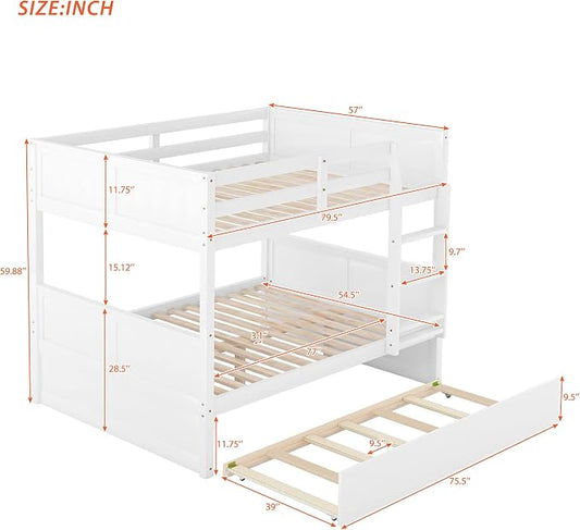 Merax Trundle Bunk Bed, Full Over Full Wood Bunk Bed with Twin Size Trundle, Guardrail and Ladder, Can be Separated into 2 Beds, White