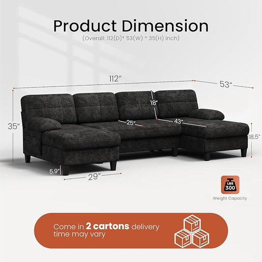 KKL U-Shaped Sectional Couch for Living Room, 112" Sectional Sofa | Modern Sofa with Double Chaise Deep Seat Couches for Living Room, Apartment, Office, Black