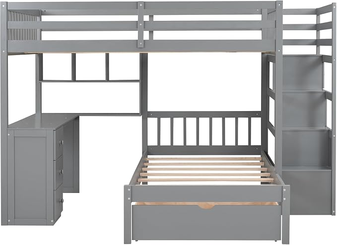 MERITLINE Full Over Twin L Shaped Bunk Bed with Stairs and Desk,Solid Wood L-Shaped Bunk Bed with Storage Drawers,Shelves,Ladder,Headboard and Guardrail,No Box Spring Needed (Grey)