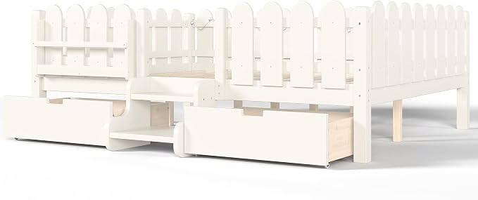 Bellemave Queen Kids Montessori Bed with Stairs, Bookshelf and LED Lights, Solid Wood Kids Bed Frame with Storage Drawers for Boys Girls, Low Profile,Beige