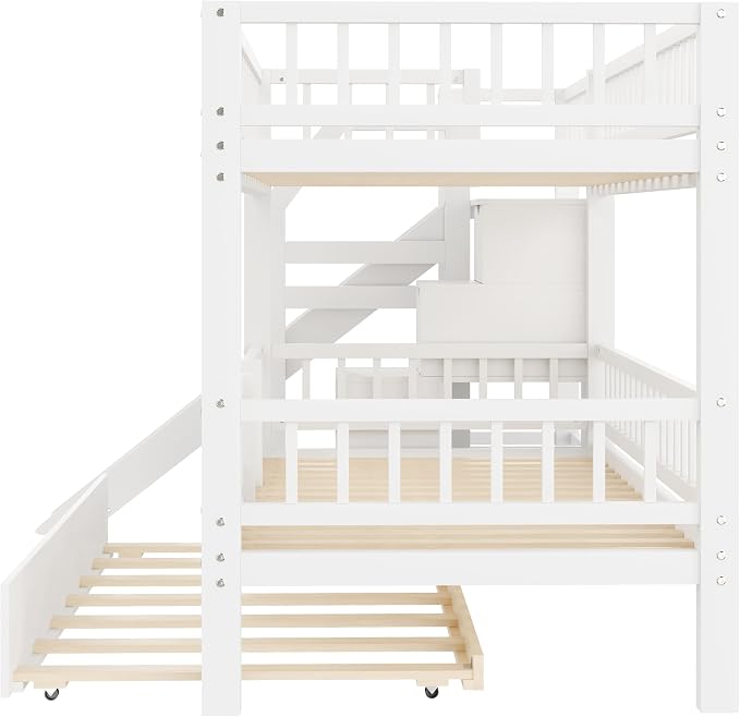 Twin Over Twin Bunk Bed with Storage Staircase, Slide and Trundle,for Kids Teens Adults Bedroom Use (White-ST, Twin Over Twin)