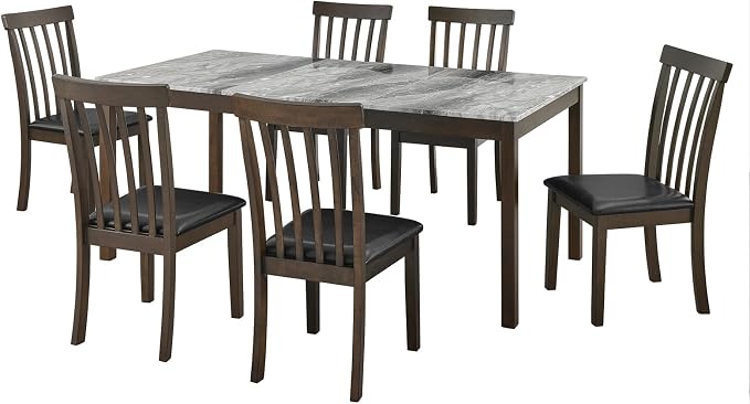 AMERLIFE 7-Piece Dining Table Set, 71" Faux Marble Modern Table with 6 PU Leather Upholstered Chairs, Heavy-Duty Solid Wood Set for Kitchen & Dining Room, Dark Brown