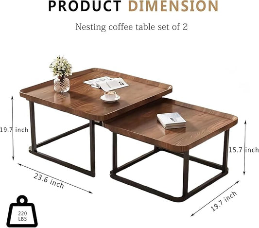 Nesting Coffee Table Set of 2, 23.6"+19.7" Nesting Tables,Small Square Coffee Table with Fluted,Center Table for Living Room Bedroom Office Balcony Yard (Walnut)