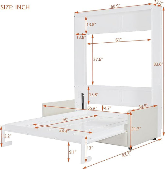 Ball & Cast Murphy Bed Full Size Wall Bed with Sofa,can be Folded,Multifunctional Wood Hideaway Cabinet Bed Frame,Slat Support,Save Space,for Apartment,Guest Room,White