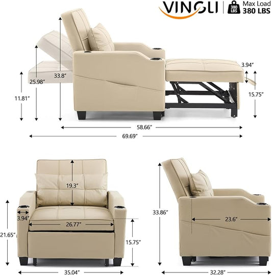 VINGLI Sofa Bed Chair Recliner, 3-in-1 Convertible Sleeper Sofa Chair Bed Beige Daybed Pull Out Couch Bed with Adjustable Backrest, USB Ports, Cup Holders for Small Spaces Living Room