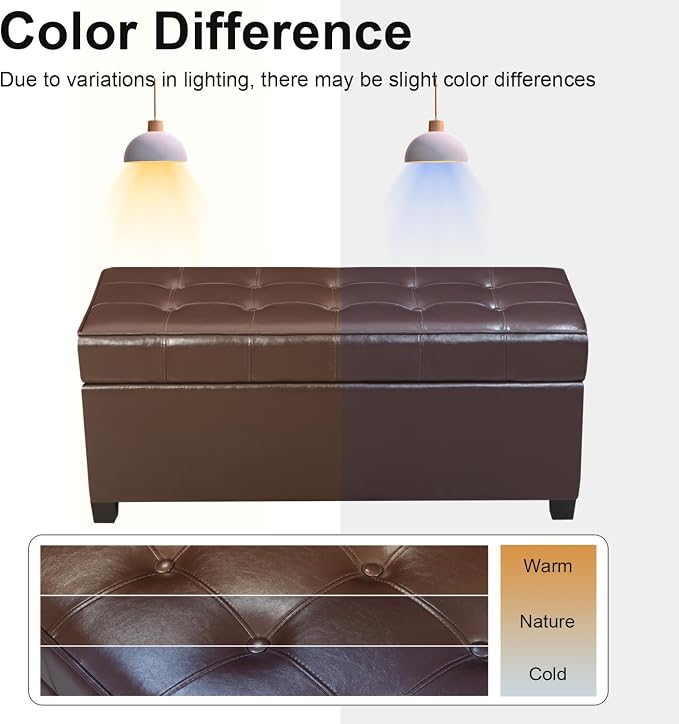 Asense 40" Storage Ottoman Bench, Faux Leather Tufted Upholstered End of Bed Bench with Safety Hinge for Bedroom,Entryway,Living Room,Dark Brown