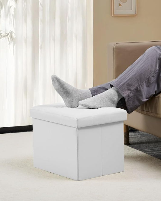 Bsketa Folding Storage Ottoman, Foot Stool with Thicker Foam Padded Seat Small Leather Storage Ottoman Bench Foot Rest for Living Room Foldable Coffee Table 17x13x13in,White