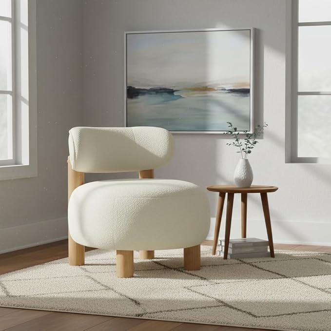 Modern Boucle Accent Chair Set of 2, with Plush Faux Sherpa Upholstery, Curved Backrest, Solid Wood Legs for Living Room Bedroom Reading Nook, 27.5", White