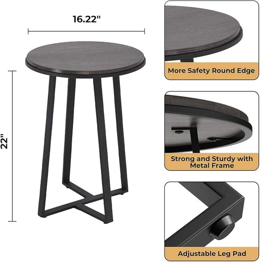 Dorriss Round End Table, Small Side Table Grey Color MDF Top, Metal Frame Black, Tall End Side Table for Bed Room, Coffee Tea End Table for Living Room(Round Grey)