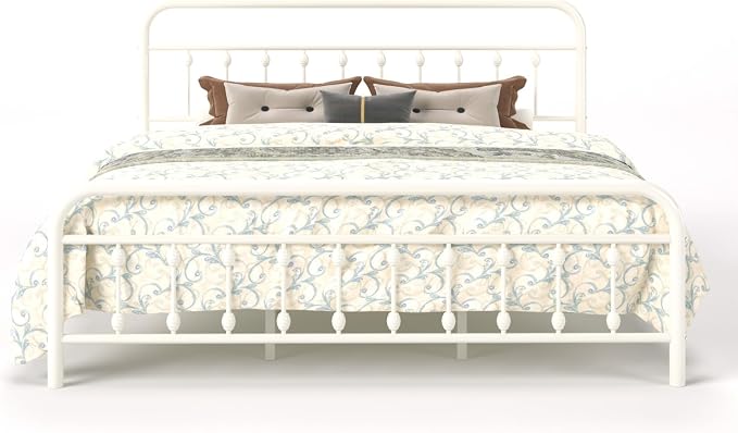 SHA CERLIN King Size Metal Platform Bed Frame with Victorian Style Iron-Art Headboard and Footboard, Easy Assembly, Under Bed Storage, No Box Spring Required, Off White