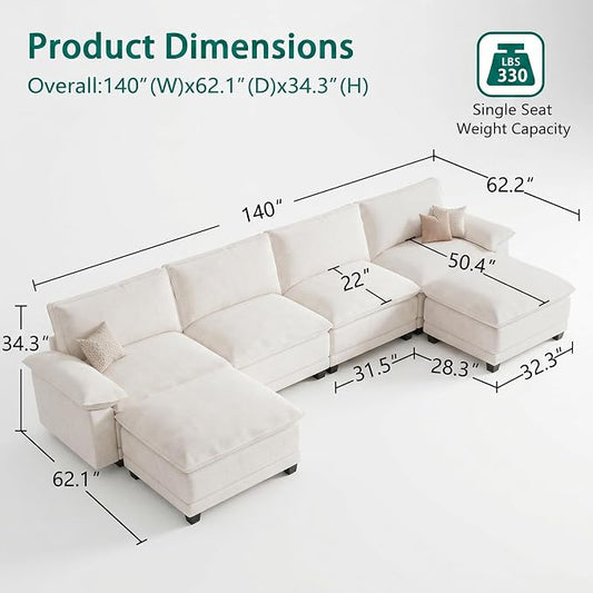 Modern U Shaped Sofa Couches for Living Room, Modular Sectional Cloud Couch with Movable Ottoman, Comfy Chenille Sofa for Apartment and Small Space, Beige