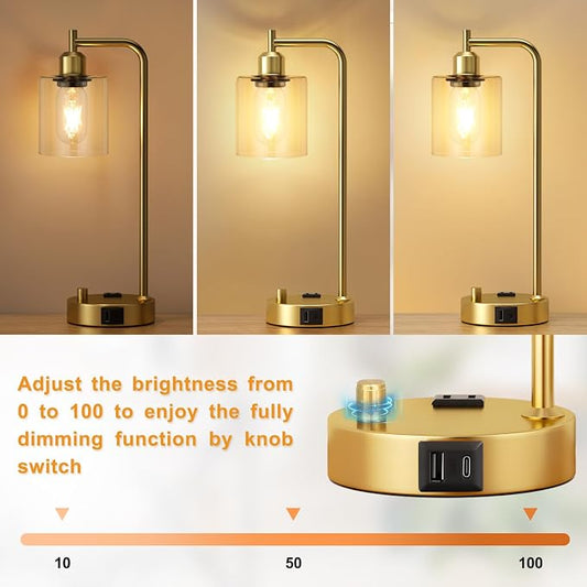 Innqoo Industrial Table Lamp for Bedroom Set of 2 - Fully Dimmable Bedside Lamps with USB Ports and Outlet, Gold Nightstand Lamps with Clear Glass Shade for Living Room, Desk Lamps for Office Reading