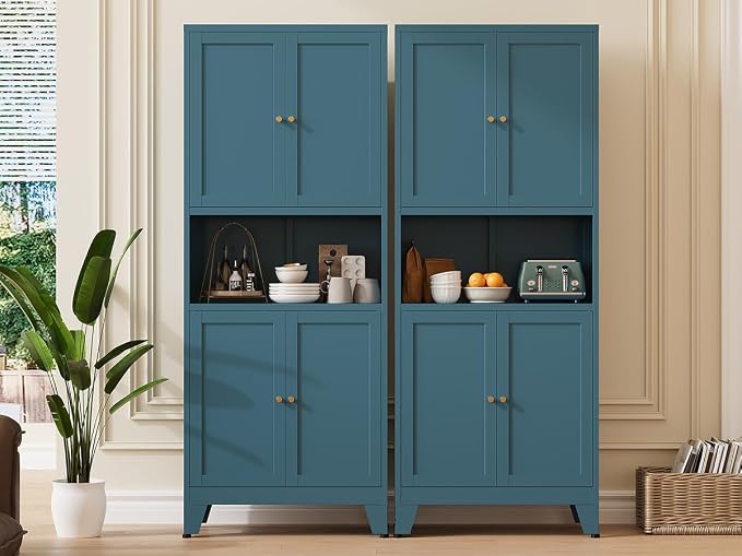 Metal Pantry Cabinet, Tall Kitchen Cabinet with 4 Doors & Adjustable Shelves,69" Blue Freestanding Storage Cabinets with Microwave Stand Cupboard for Living Room,Dining Room,Home