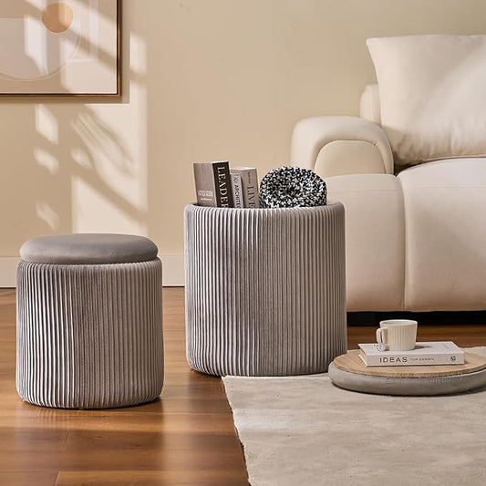 BLEXA Round Set of 2 Ottoman with Storage-Upholstered Velvet Vanity Stool for Makeup Multifunctional Ottomans Coffee Table Padded Seat Foot Rest for Living Room&Bedroom(Ligth Grey)