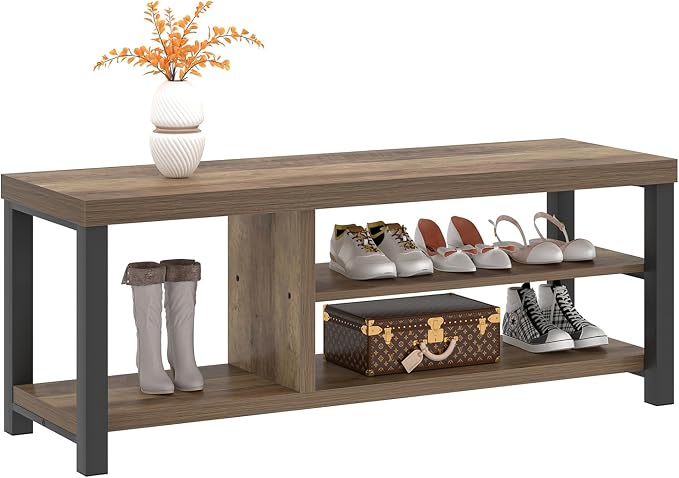 FOLUBAN Shoe Bench for Entryway, Wood and Metal Indoor Bench with Shoe Storage and Seating for Bedroom, Hallway, Living Room, Rustic Oak, 43.3 Inch