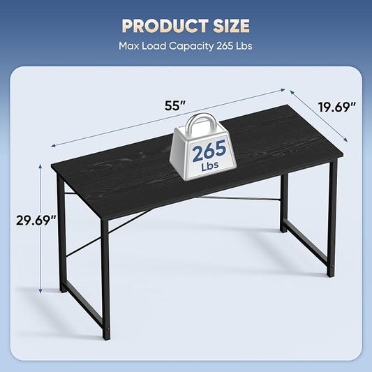 DUMOS 55 Inch Computer Desk for Home Office, Modern Study Work Table Simple Style for Bedroom Small Space, Large Writing Desks with X-Shaped Reinforcement, Black
