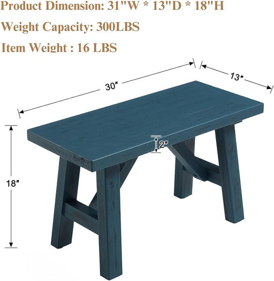 30" Farmhouse Entryway Bench, Rustic Solid Wood Dining Room Bench Small Entryway/Hallway Bench for Indoors Entry Way Seating for Living Room, Hallway, Porch, Easy Assembly, Blue