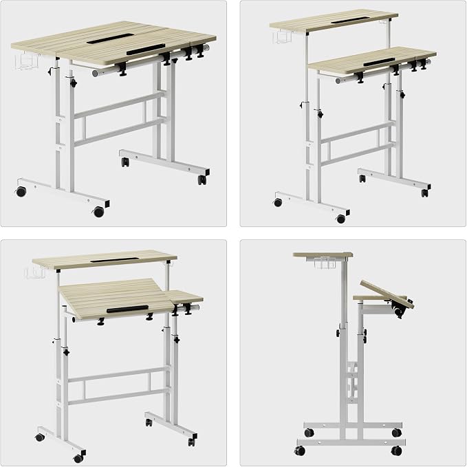 SogesHome 31.5 inch Mobile Standing Desk Adjustable Computer Desk Rolling Laptop Cart Portable Laptop Stand on Wheels Home Office Workstation with Cup Holder,Headphone Holder, Upgrade Maple