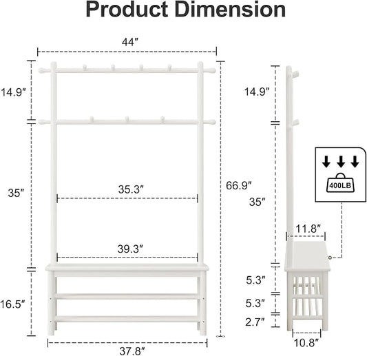 AQIMUELE Coat Rack with Shoe Storage, Wooden Hall Tree with Bench, 11 Hooks and 2-Tier Storage Shelves, 3-in-1, Entryway Bench with Coat Rack (39.3"-Deep White)