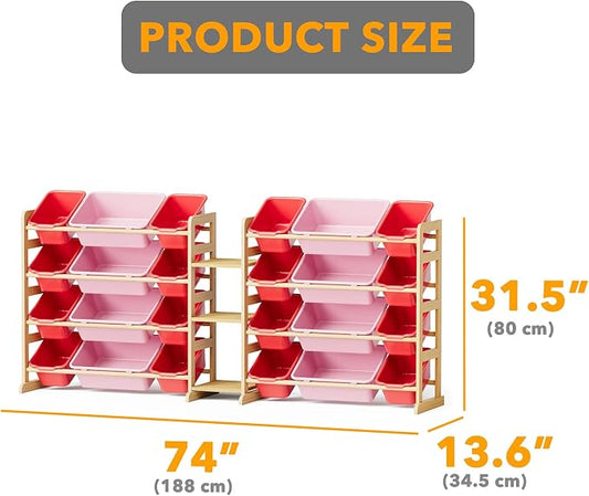 SpaceAid Large Toy Storage Organizer with 24 Bins and 3 Shelves, Toy Organizers Storage Bookshelf, Kids Bin Shelf Box Bookcase for Bedroom Playroom Organization Room Decor, Red and Pink