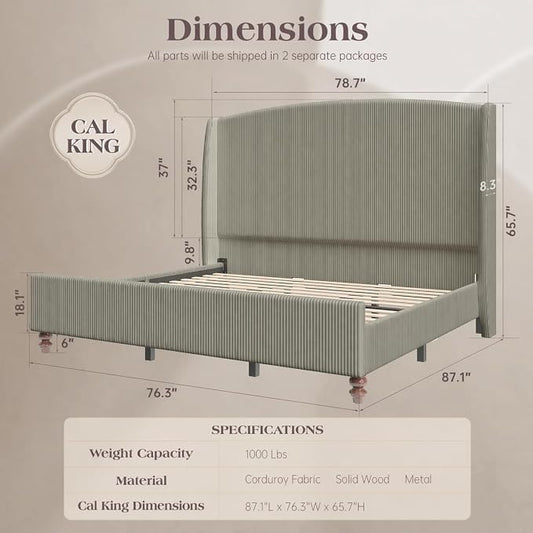65.7" Tall Headboard California King Size Upholstered Bed Frame with Wingback, Soft Washable Corduroy Beds Cover, Solid Wood Legs, Noise-Free, No Box Spring Needed, Light Gray