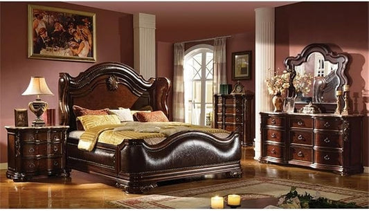 Pemberly Row Traditional Queen Bedroom Set, 4-Piece Wood Construction, Dark Walnut Finish, Upholstered Wing Headboard, Felt-Lined Drawers, Marble Tops, Beveled Mirror, Perfect for Elegant