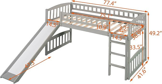 YOPTO Twin Size Loft Bed with Slide and Ladder,Multifunctional Solid Wood Bed Frame,w/Safety Guardrail & 14 Support Slats,No Box Spring Needed,for Kids, Teens, Girls, Boys,Grey