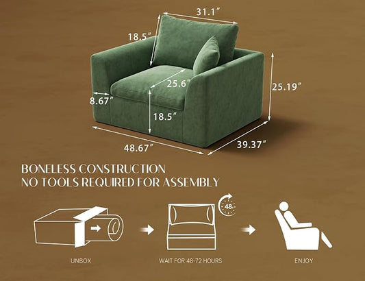 ohllob 48.6" Single Sofa, Small Boneless Couches for Living Room, Cloud Couch for Bedroom, Office, Green