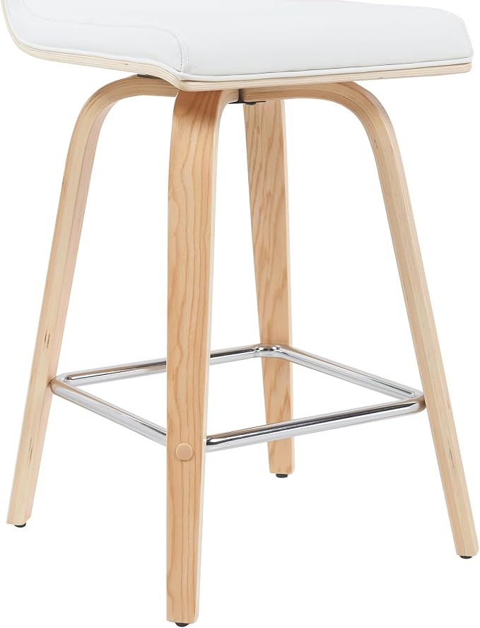 Vienna Modern Counter Height Swivel Bar Stool with White Faux Leather Seat and Patterned Oak Wood Frame Set of 3