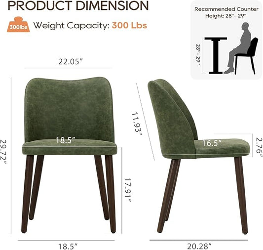 COLAMY Dining Chairs Set of 2, Upholstered Leather Kitchen Chairs with Curved Back, Padded Seat and Solid Wood Legs, Modern Dining Chair for Kitchen Dining Room, Green