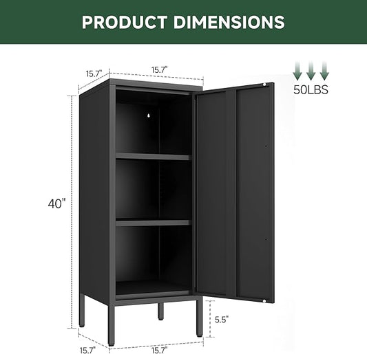 Metal Storage Cabinet with Door & 2 Adjustable Shelves 39.5” Small Storage Cabinet with Magnetic Closure for Home Office Garage Kitchen (Black)