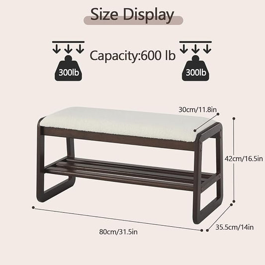Achicsofar Shoe Rack Bench,2 Tier Solid Wooden Entryway Bench with Shoe Storage, Shoe Rack with Cushion for Living Room, Hallway(Cream White, 31.5")