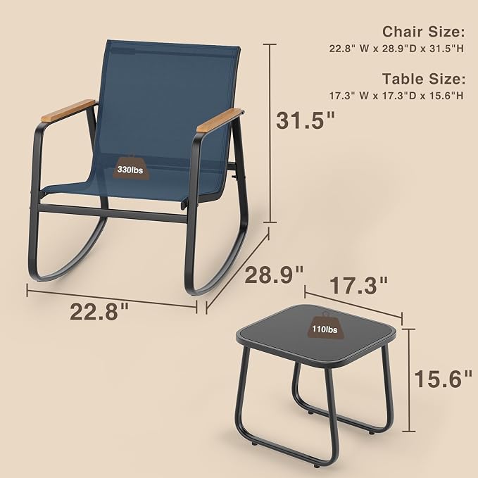 Ahomly 3-Piece Outdoor Rocking Bistro Set, Outdoor Patio Furniture Set with Textilene Fabric, Patio Rocking Chairs and Glass Table for Garden Balcony Backyard Poolside Blue
