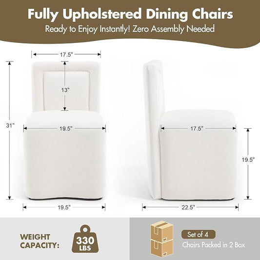 Hyfirm Upholstered Dining Chairs No Assembly, Set of 4 Modern Parsons Armless Kitchen Chairs with Padded Seat Cushion, Ready-to-Use White Linen Accent Side Chair for Diningroom Living Room Bedroom