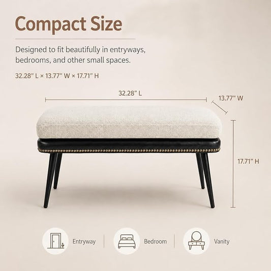 Forteek 32" Retro Upholstered Entryway Bench, Shoe Bench with Cushion | Leather & Fabric Padded Bench, End of Bed Bench for Bedroom, Dining Bench for Living Room, Storage Bench for Hallway & Foyer