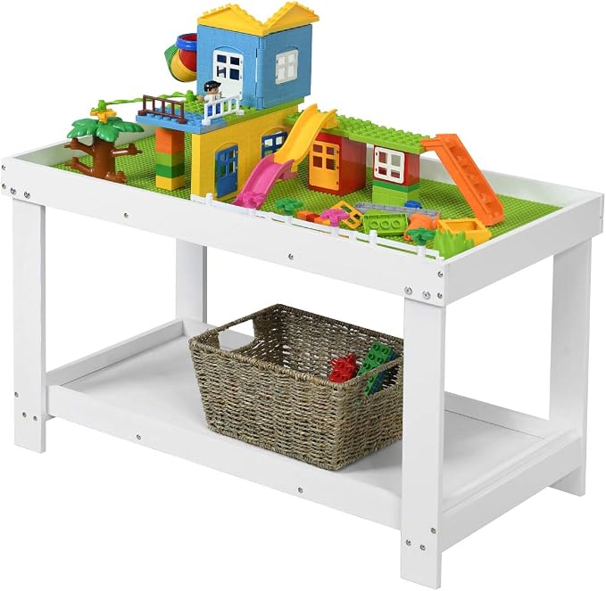 Costzon 2 in 1 Kids Activity Table w/Storage, Patented Building Block Table w/Board for Bricks Crafts Arts Draw, Children Solid Wood Play Table Desk for Preschool Toddler Boy & Girl Gift, White