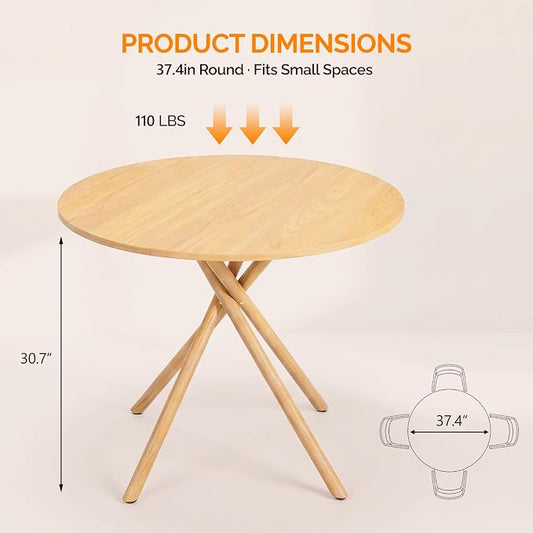 VINGLI 37.5" Round Dining Table for 4, Wood Kitchen Table, Oak | Cross Metal Leg, Adjustable Feet, Wood Tabletop, Mid-Century Modern Style, for Living Room, Dining Room, Kitchen, Small Place