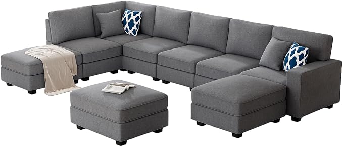 Legend Vansen Oversized Modular Sectional Sofa,U/L‑Shaped Reversible Couch with Ottoman,Deep Seat Plush Polyester Sofa for Living Room,9‑Seater,Dark Grey